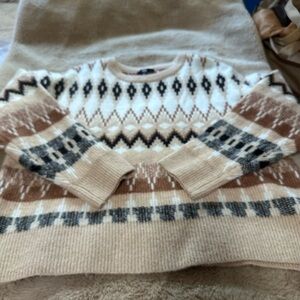 Frye Tan and Black Crew Neck Sweater with Nordic Pattern L